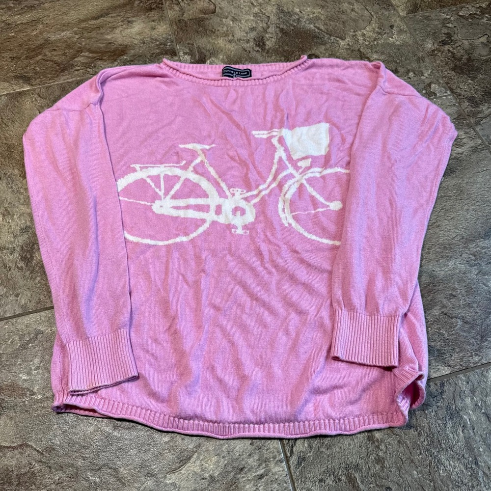 Duffield Lane Pink‎ Bicycle Print Sweater XS Crew Neck Long Sleeve Silk Viscose